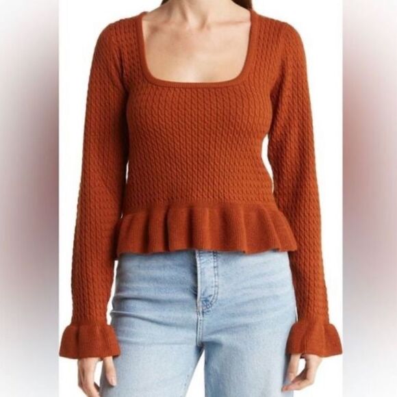WAYF Square Neck Ruffle Peplum Sweater Top - Rust M - Picture 1 of 10